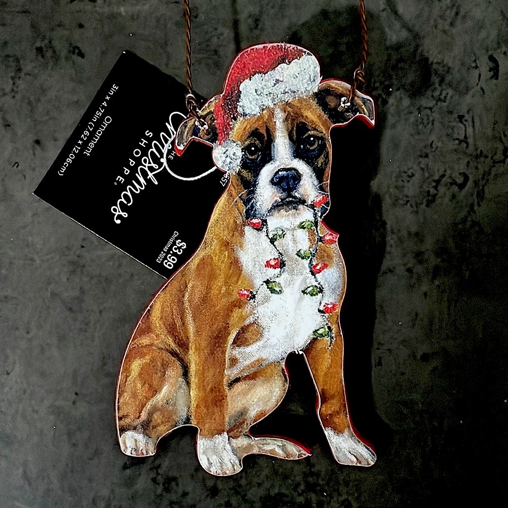 Boxer dog with Santa hat ornament new
